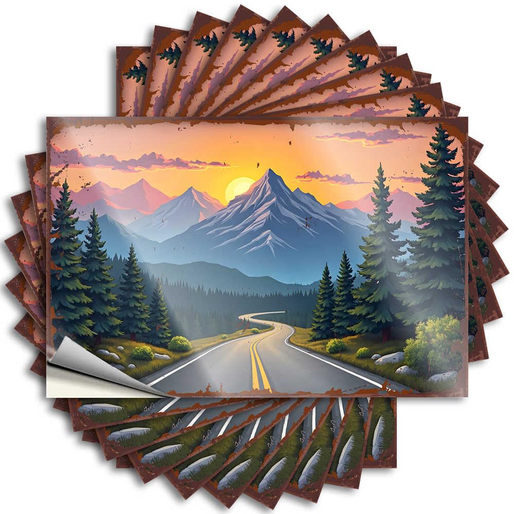 Decals Halloween Durable Vinyl - Sunset Road Through Pine Forest Mountains Case for Motorcross Use(6X9CM)