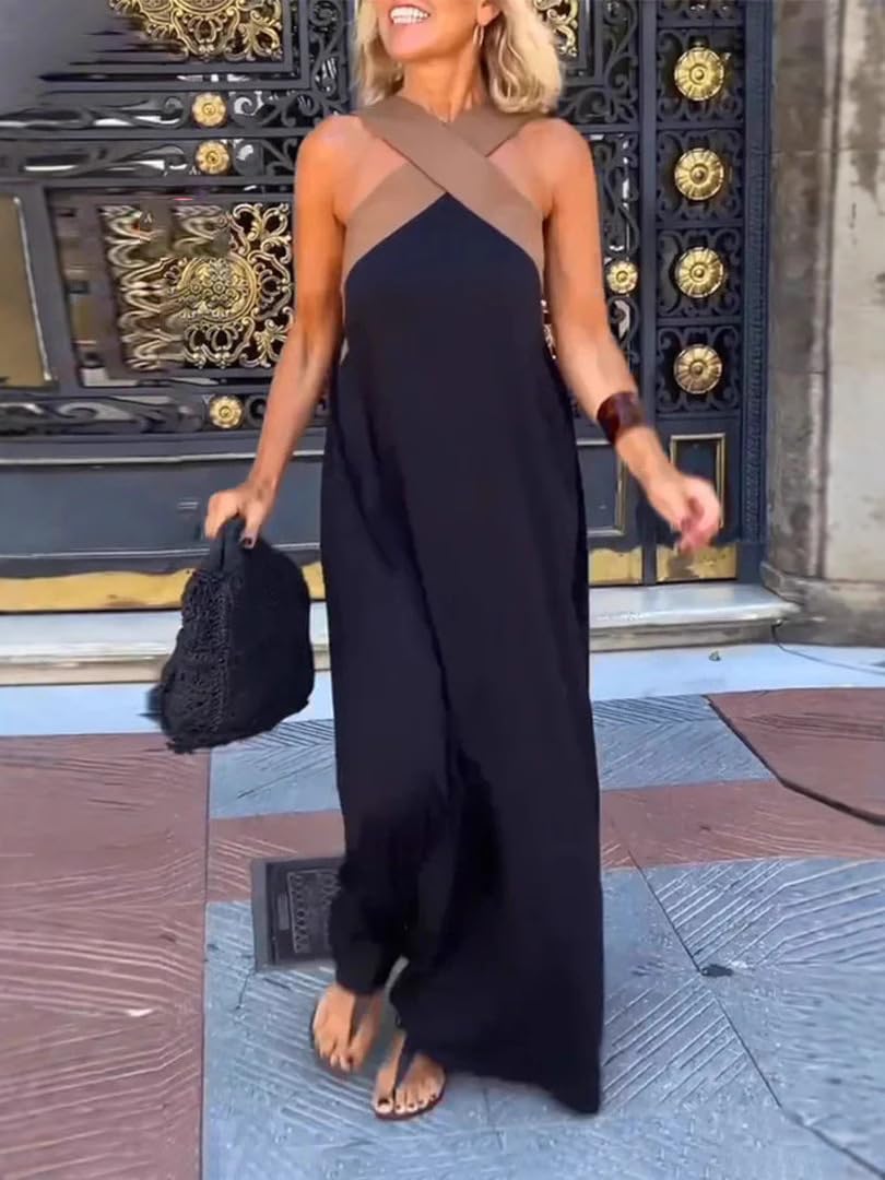 Generico Maxi Abito da Donna in Lino e Cotone con Scollo all'Americana a Contrasto; Abito Lungo in Lino e Cotone, Modello Boho Ampio e Fluido, Senza Maniche, con Incrocio sulla