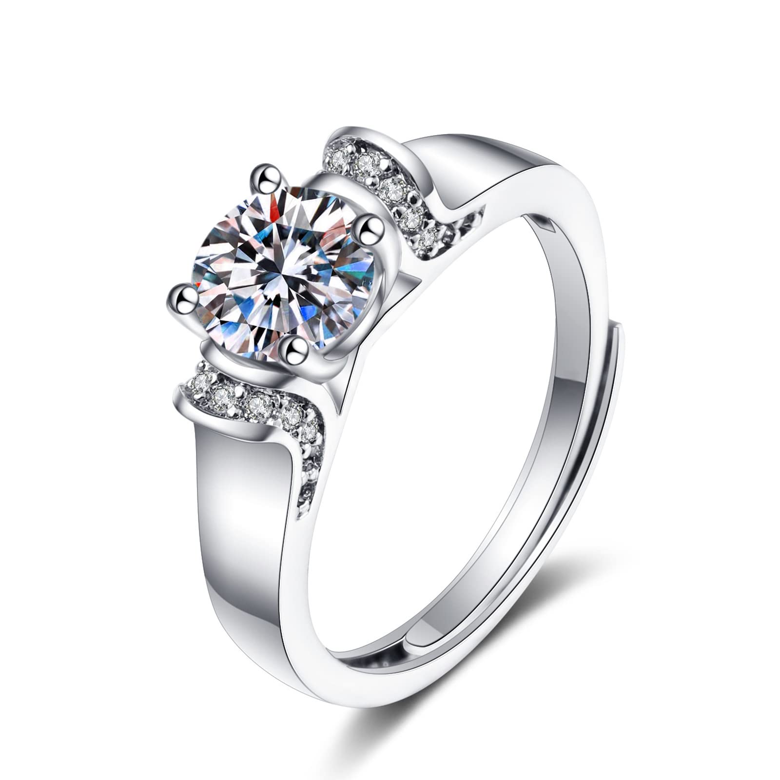 Anelli Donna Oro Bianco 18K, Fedine Fidanzamento Donna Elegante Regolabile con A 4 Punte Diamante Sintetico Rotondo Anello per Mamma, Fidanzata, Sposa