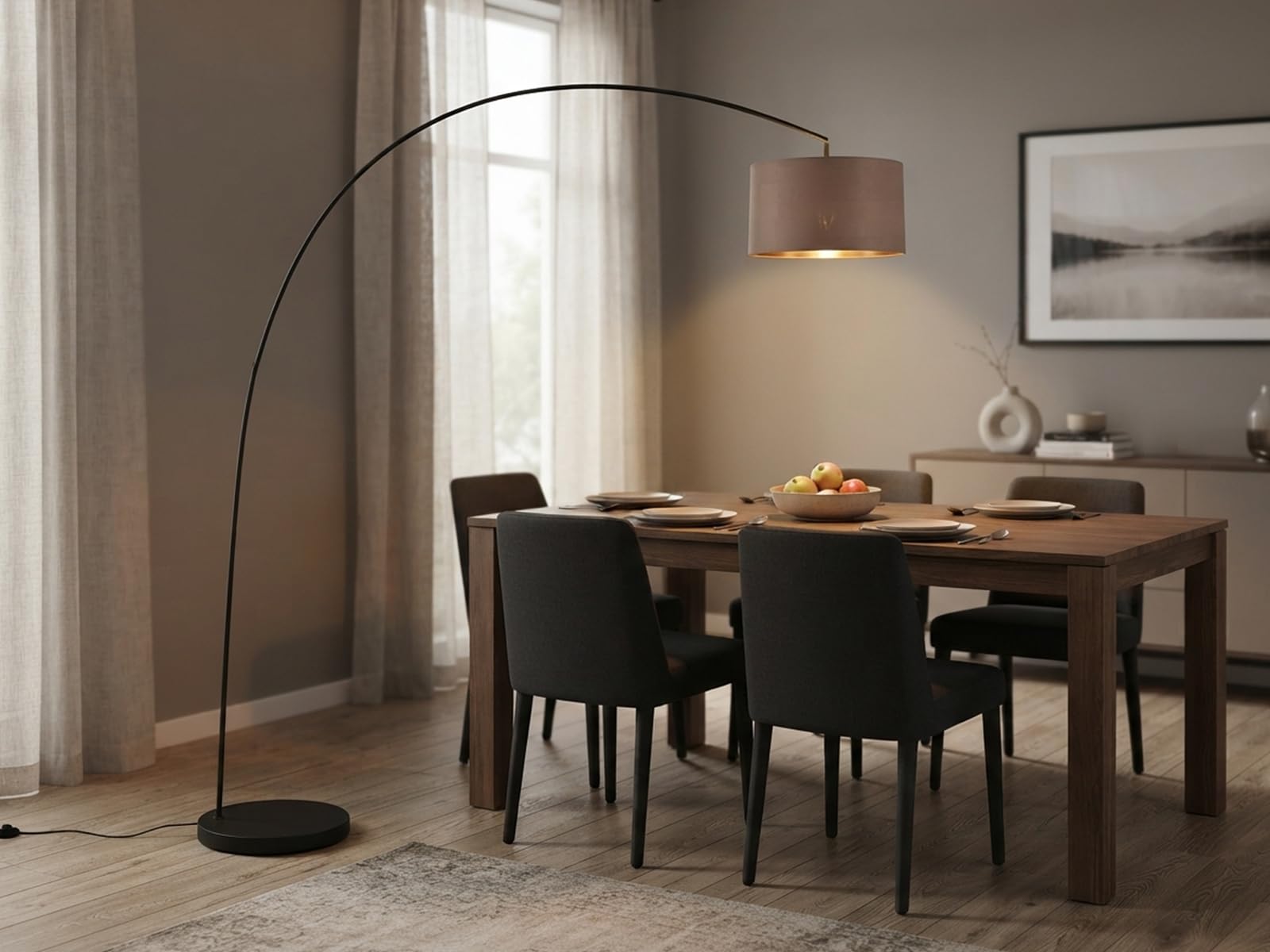 meineWunschleuchte Bogenleuchte Metall Schwarz Stoff Lampenschirm Taupe, 210cm hoch