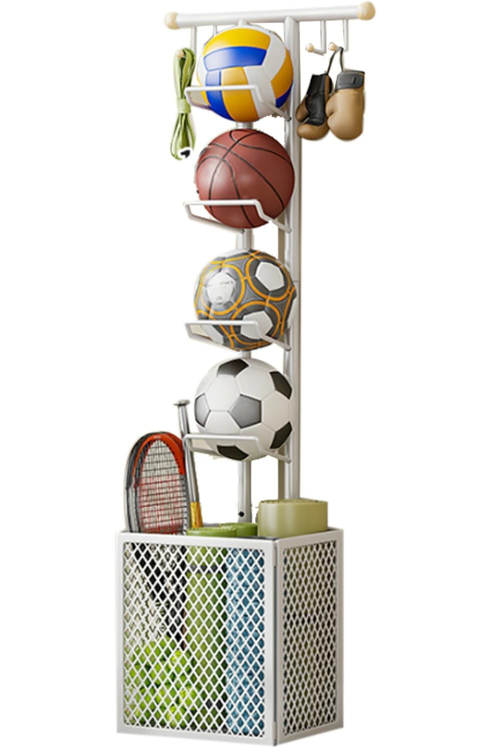 Ragro Sports Ball Rack & Stand | 4-Tier Portable Organizer with Basket | Holds Football, Basketball, Volleyball, Tennis Rackets & Cricket Bat | Freestanding Garage Storage (White)-image-8