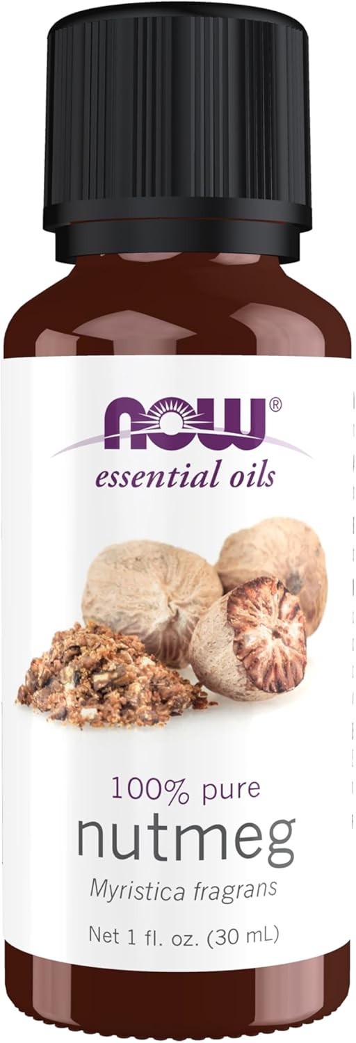 NOW Essential Oils, Nutmeg Oil, Energizing Aromatherapy Scent, Steam Distilled, 100% Pure, Vegan, Child Resistant Cap, 1-Ounce