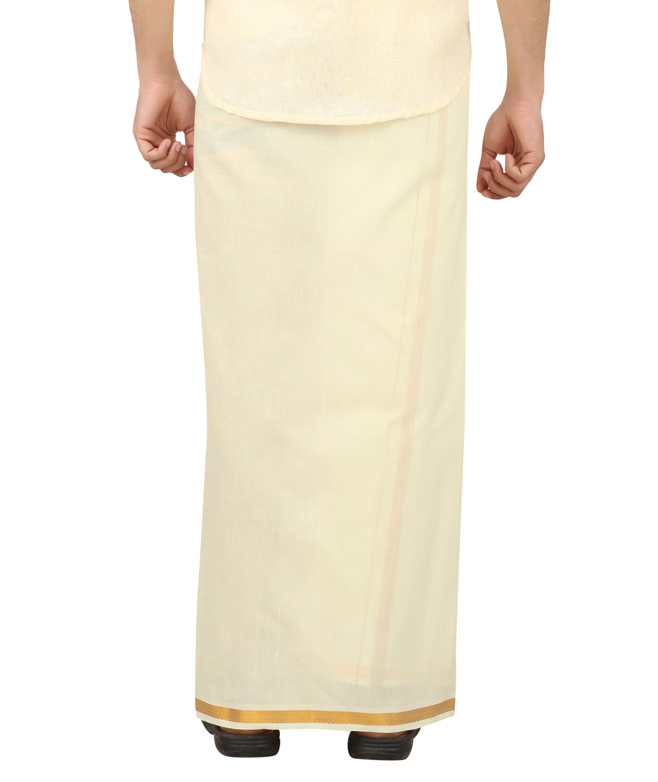 Prakasam Cotton Cream Colour-Gold Jari Border Welcro Pocket Stitched Dhoti For Mens/Size Hip -46 Inches- Length- 42 Inches
