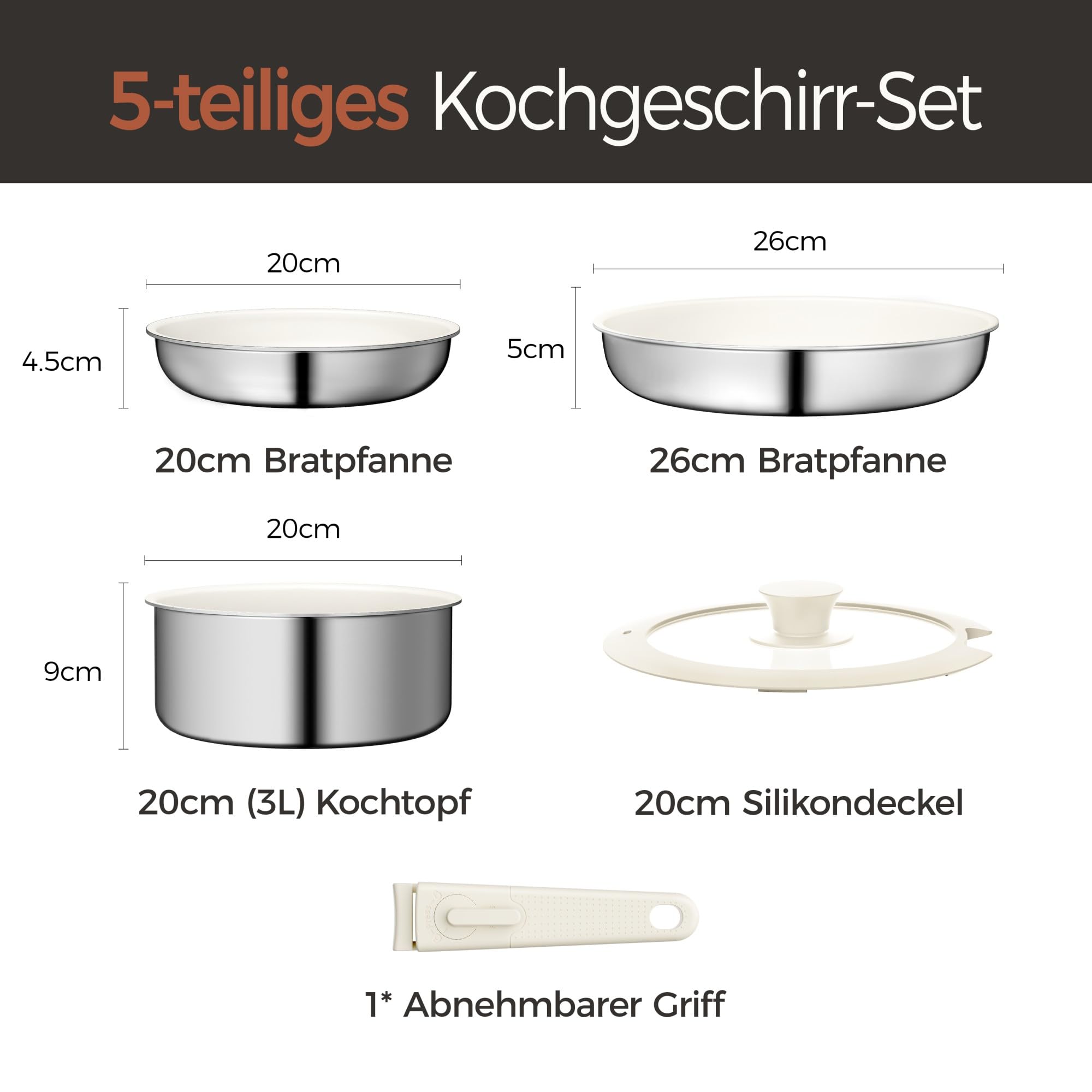 5-Teiliges Antihaft Keramik Pfannenset mit Abnehmbarem Griff, 3-Schichtiger Edelstahl Topf Set-PTFE/PFAS/PFOA frei, Töpfe Induktion, Platzsparendes Kochgeschirr, Backofen & Spülmaschinenfest