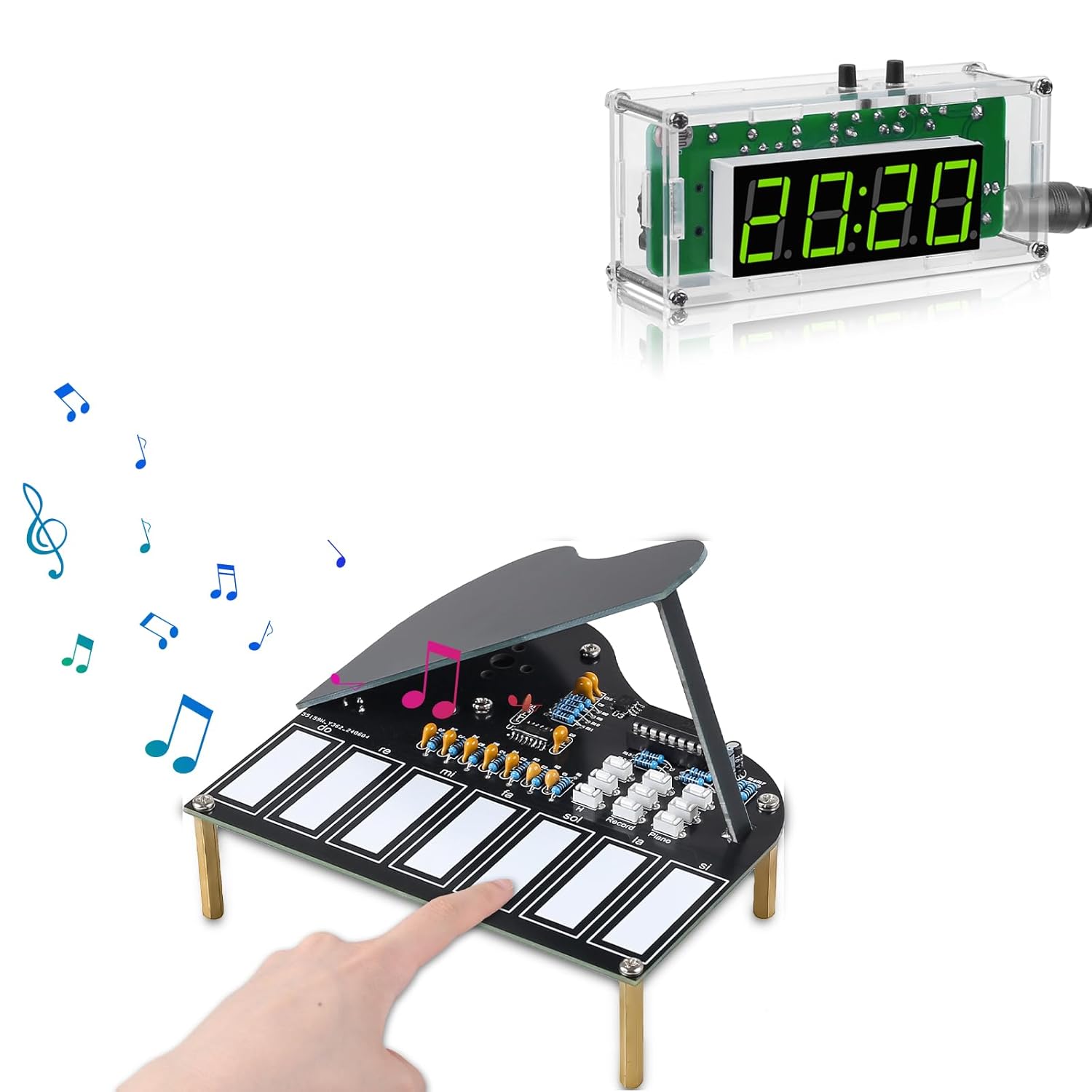 MiOYOOW 4-Digit Digital DIY Clock Kit with Adjustable Brightness and 7 Keys Mini Piano Violin Guitar Soldering Practice Kit with 3 Tones for Home School Learning
