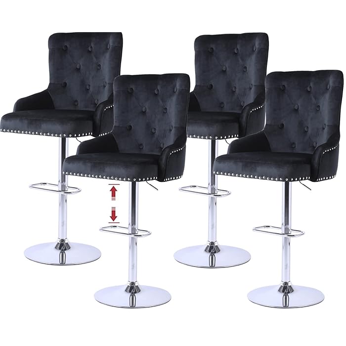 Buy Kitchen High Bar Chairs Set of 4 Black Velvet Bar Stools Counter