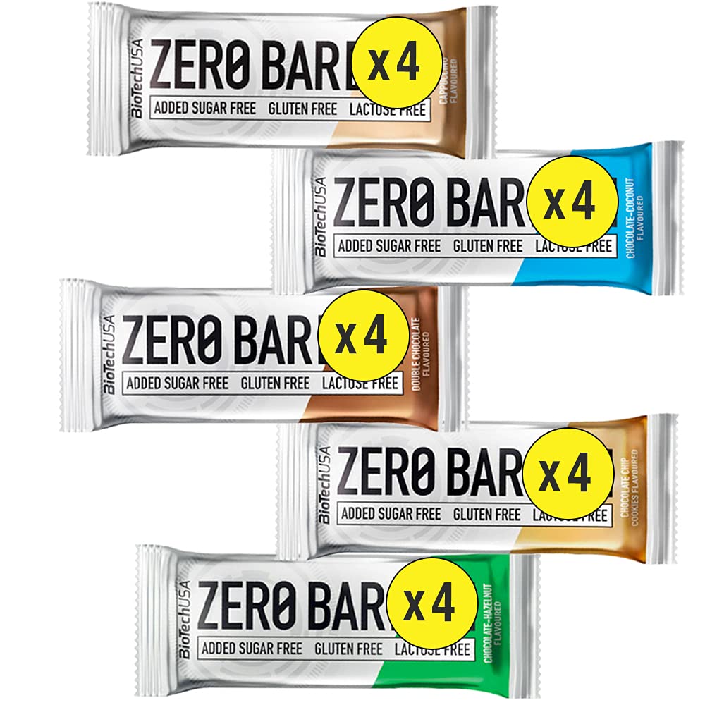 Zero Bar Biotech Usa mix: 4 Barrette Nocciola al Cioccolato, 4 barrette Cioccolato Cookies, 4 barrette Doppio Cioccolato, 4 barrette Cioccolato al Cocco, 4 Barrette Cappuccino