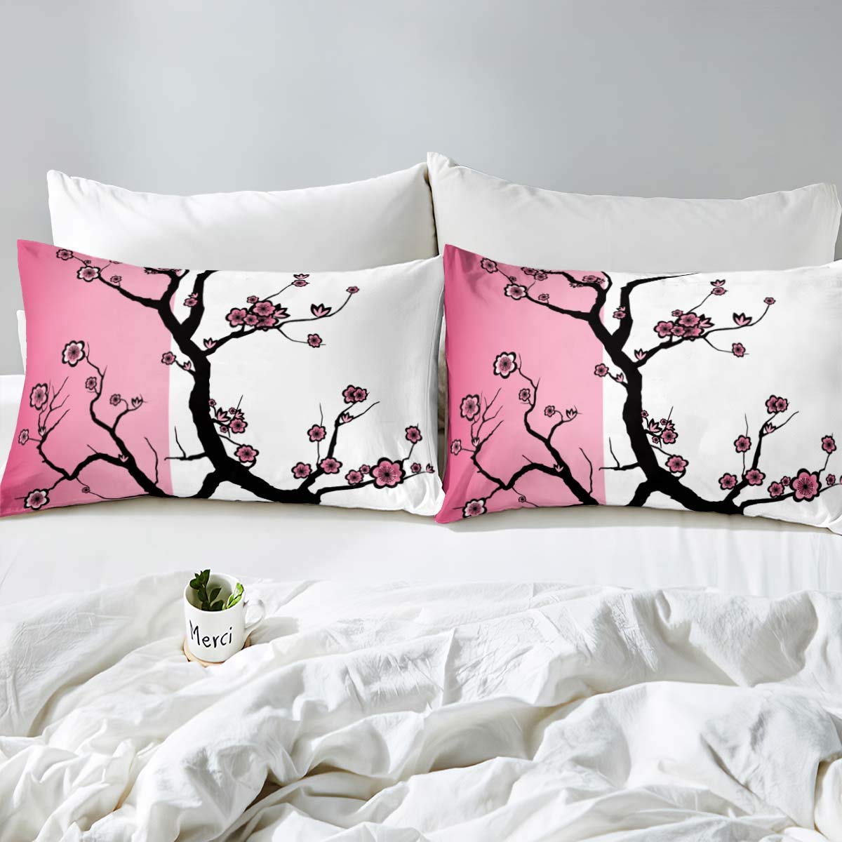 Loussiesd Japanese Comforter Cover,Sakura Tree Cherry Blossom Duvet Cover Set King,Drawing Design Contrasting Colors Print Decorative 3 Piece Bedding Set including 2 Pillow Shams,Pink Black & Zippers Ties - Image 2