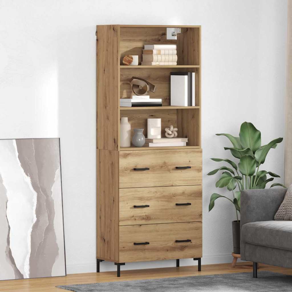 Artisan Oak Engineered Wood Highboard with 3 Drawers | Features a slim profile measuring 27.4 x 13.4 x 70.9 inches, providing vertical storage for living or dining rooms.