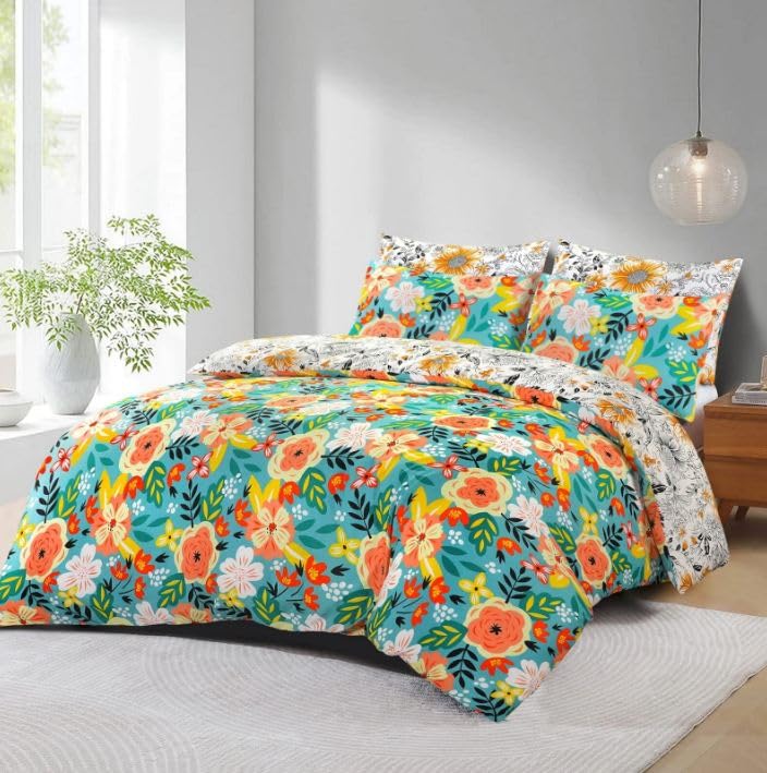 SeventhStitch King Size Duvet Cover Set - Super Soft Brushed Microfibre Hotel Quality Gift Bedding, Lightweight, Grey Quilt Covers Double King Superking Size Reversible Bed Sets (Yellow Floral, King)