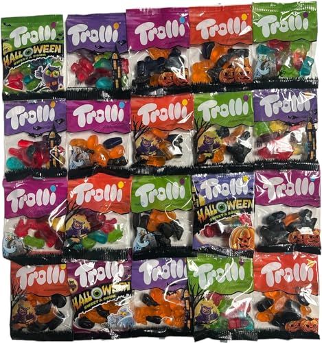 Trolli Halloween Süßigkeiten, Sparpack mit 20 Mini Beutelchen einzeln verpackt, 400g Trolli Süßigkeiten Box Trolli Halloween Süßigkeiten, Sparpack mit 20 Mini Beutelchen einzeln verpackt, 400g Trolli Süßigkeiten Box