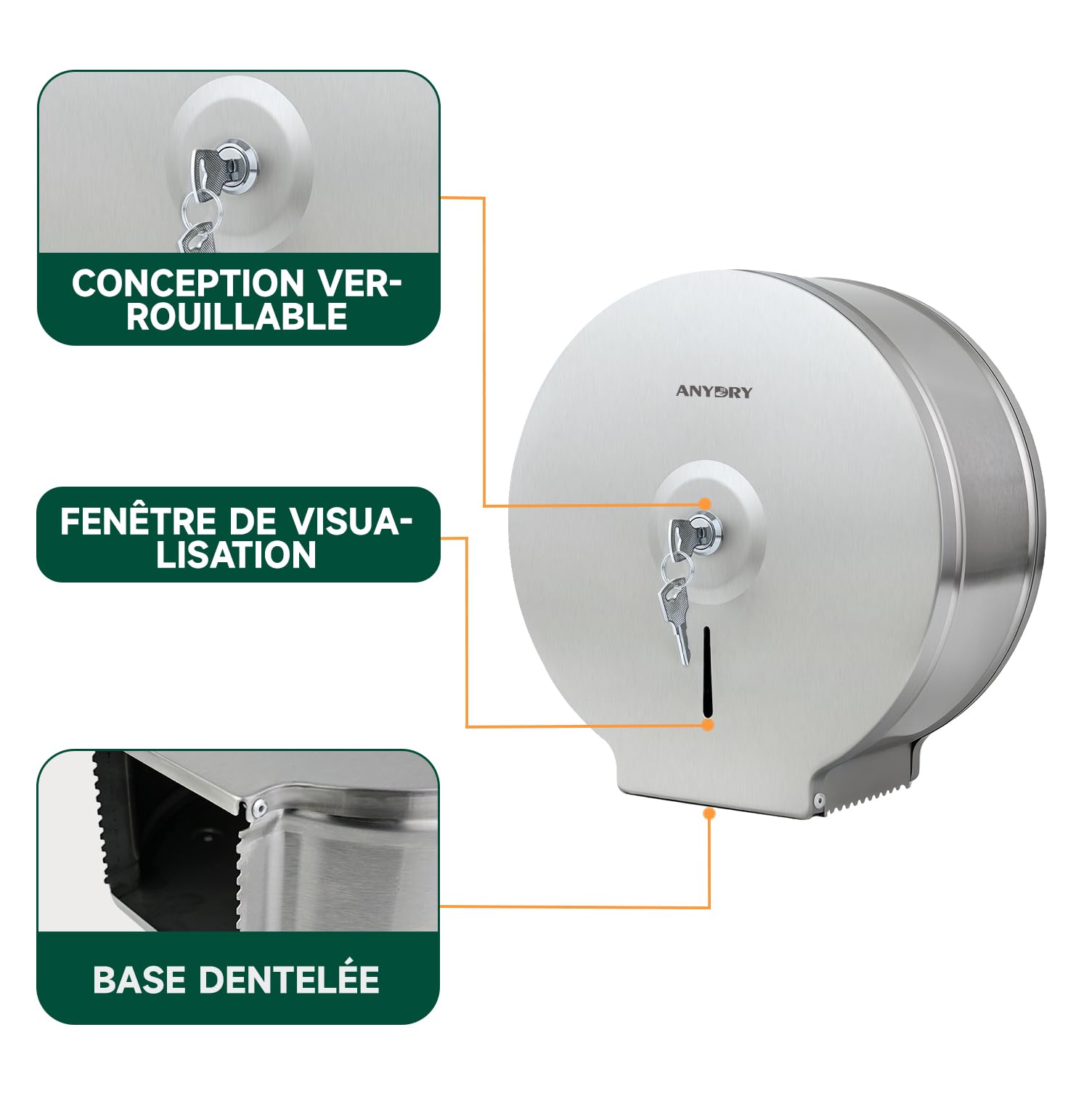 anydry 5182 Distributeur d'essuie-Mains en Acier Inoxydable Distributeur Commercial Tour à Main Montage Murale Adapté au Papier en Rouleau (brossé