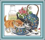 Joy Sunday Stamped Cross Stitch Starter Kits Beginners Cross-Stitching Accurate Pre-printed Pattern - Curious Cat 11CT 15''x14'', Frameless
