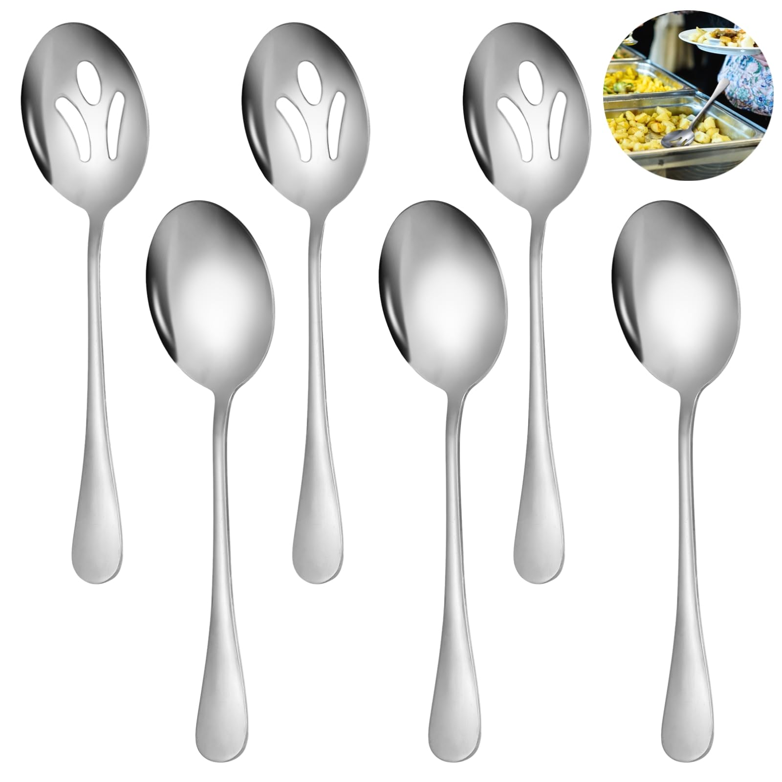 Lot de 6 grandes cuillères de service en acier inoxydable pour buffet, avec cuillères ajourées et classiques, finition polie, solides, résistantes à la rouille, pour traiteur et réception