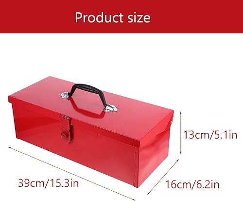 Miniatura 7 de YARNOW Caja de herramientas de hoja de hierro rojo con cerradura, caja de herramientas portátil de metal de 15 x 6.3 x 5.1 pulgadas para