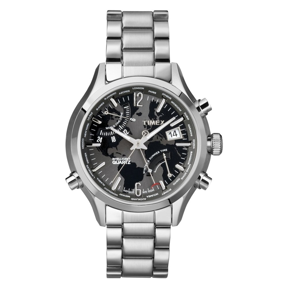 Timex Intelligent Quartz T2N944 Mens World Time Watch with stainless steel bracelet and grey dial
