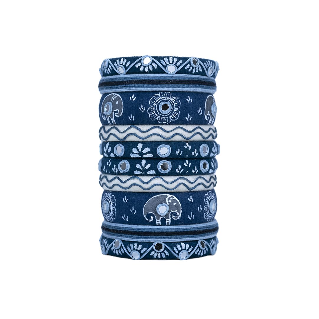 Brahmaputra elephant print blue and white thread Bangles, Handcrafted Cotton Thread Bangle Set for Women & Girls (10 Bangles)-image-39