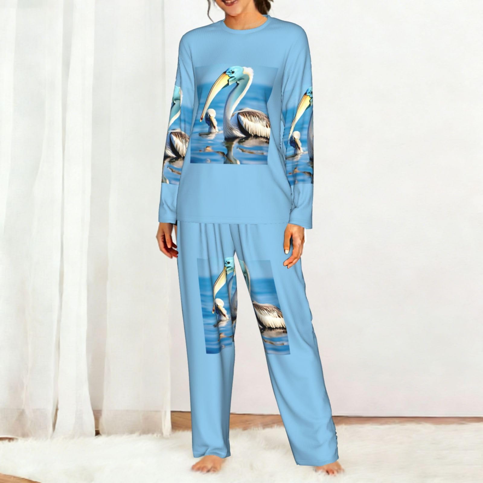 Pellicano uccello blu mare cielo stampa donna manica lunga pigiama abbinato morbido spiaggia vacanza biancheria da notte regalo casual