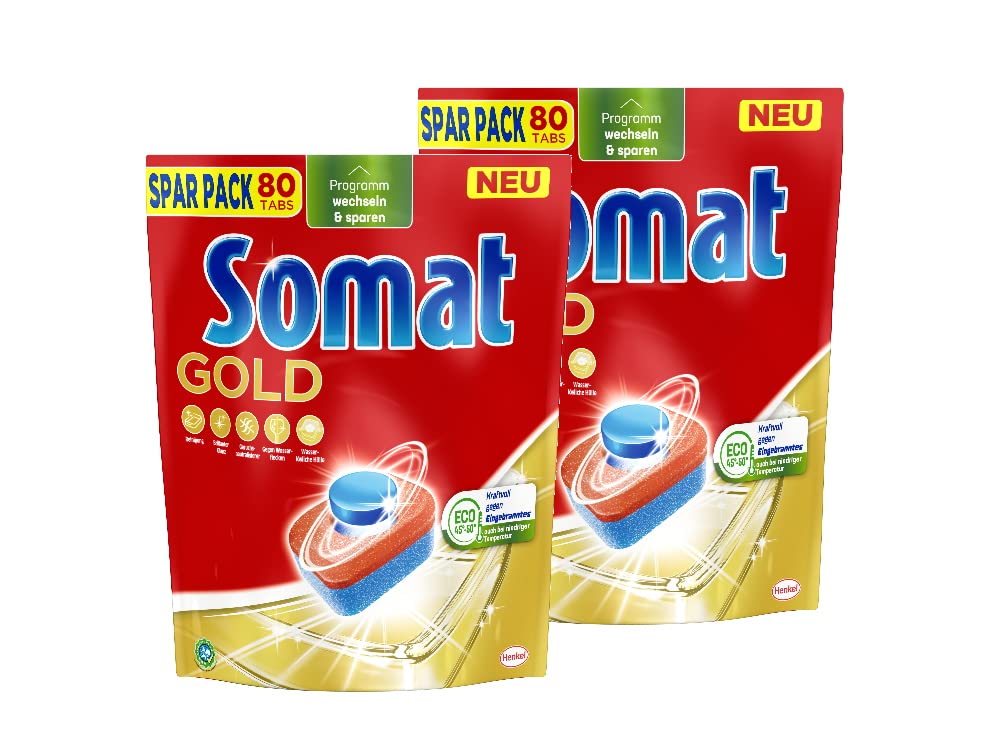 Somat Gold tabletki do mycia naczyń (2 x 80 tabletek), tabletki do zmywania naczyń dla promiennie czystych naczyń również w niskich temperaturach, dodatkowa siła przeciwko przypaleniu