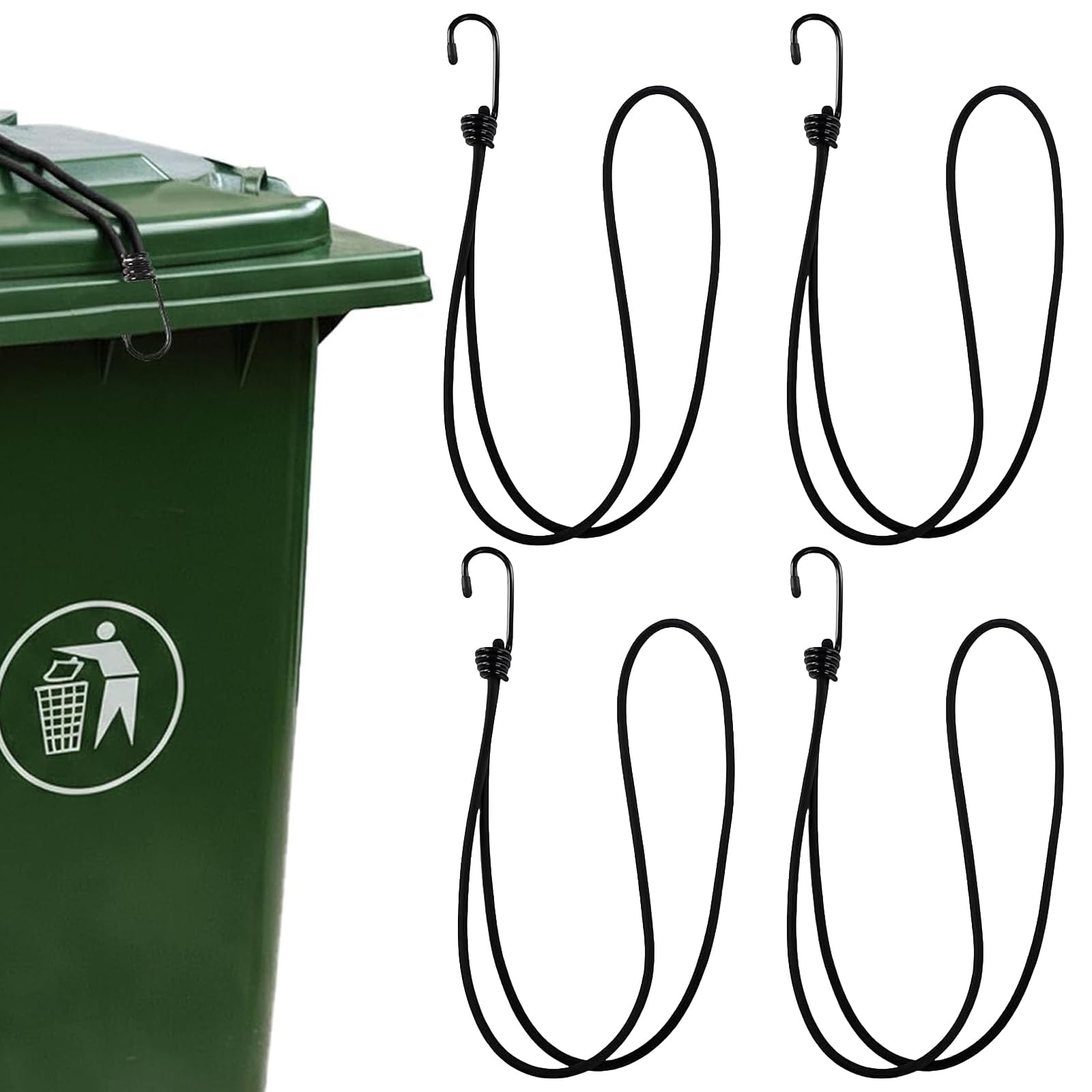4 Pcs Wheelie Bin Locks Uk,Wheelie Bin Lid Strap,Black Bungee Cords with Hooks, Prevent Animals Rummaging, Wind, Spilling