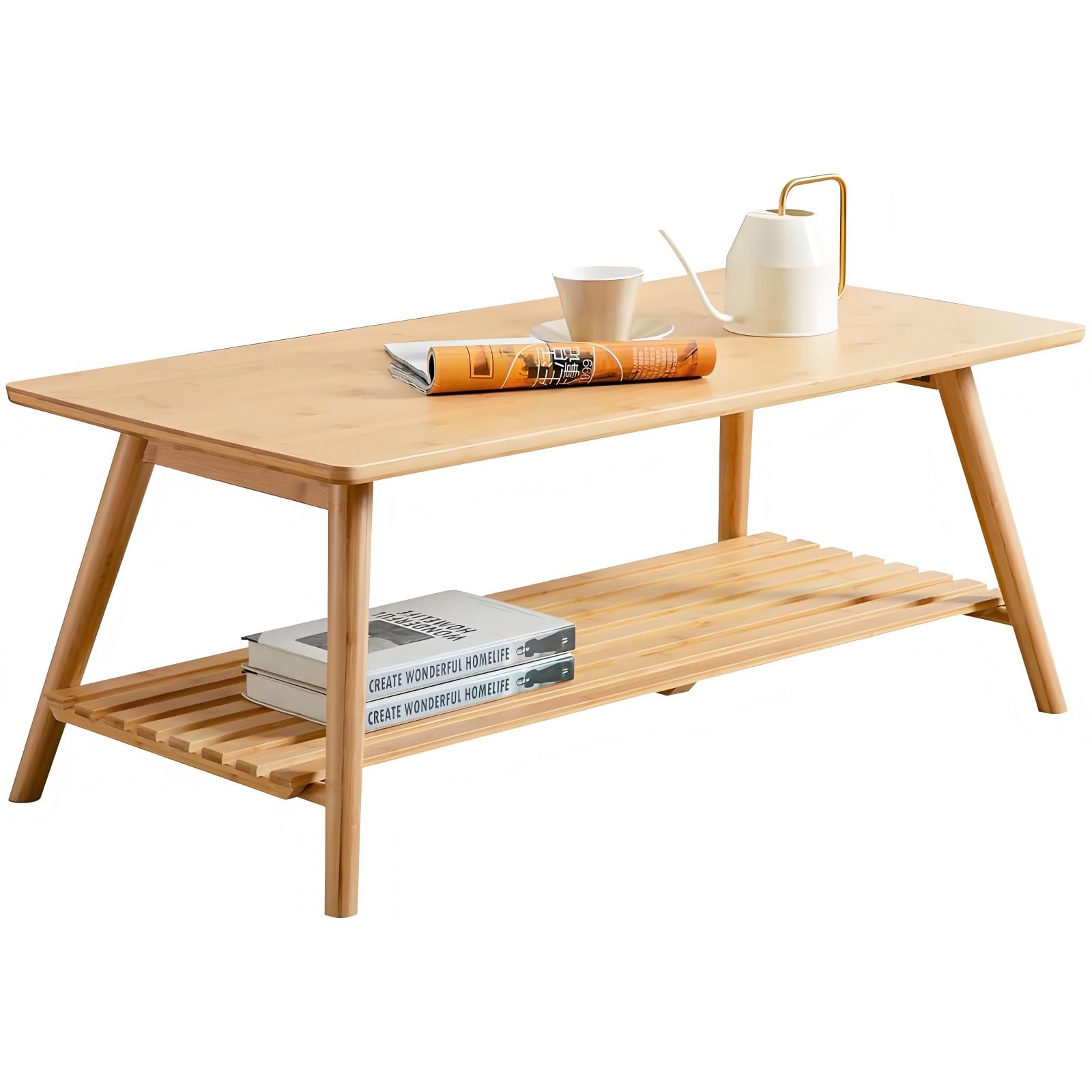 No Assembly Bamboo Coffee Table, 2-Tier Tea Table with Storage Shelf, Japanese Living Room Table, Space Saving Side End Table for Living Room Home Office