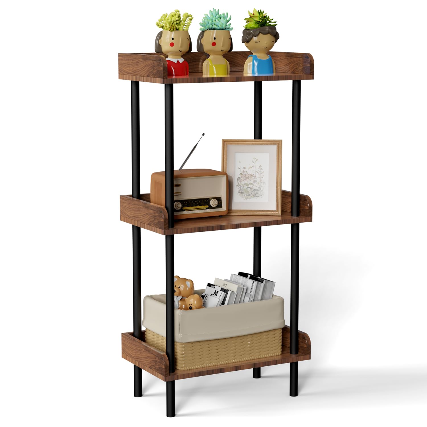 Daiumulti Bookshelf, 3 Tier Bookcase, Industrial Small Book Shelf, Rustic Brown Bookshelf, Metal Display Shelf Storage Organizer for Living Room,