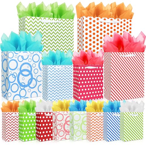 MUMULULU 28 PCS Assorted Sizes Gift Bags 14 Gift Bags 4 Sizes 14 Tissue Papers 7 Color Bulk Perfect for Birthday Weddings Partie and Holidays and Multiple Colors Available