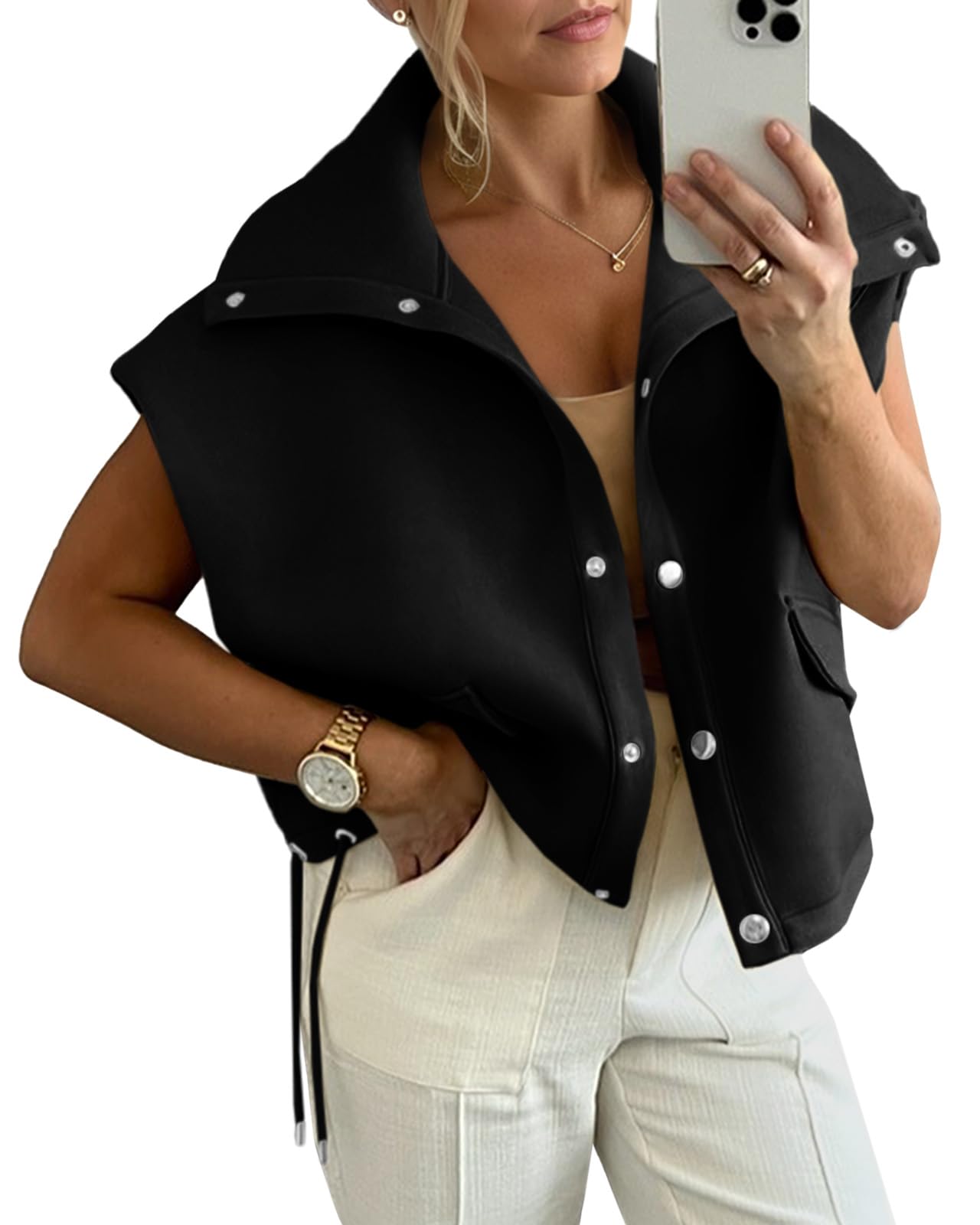 Womens Fall Oversized Vest Cropped Button Down Cap Sleeve Lapel Collar Jackets Casual Drawstring Outerwear-image-43