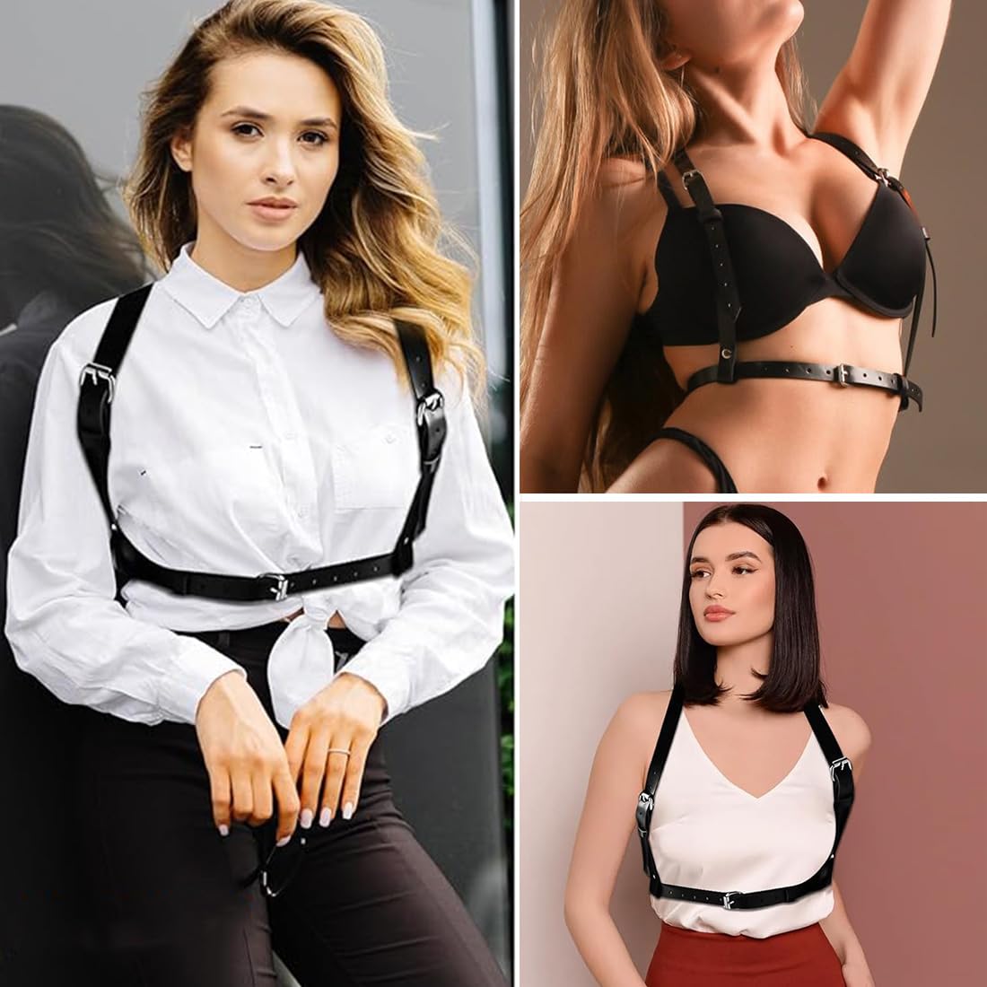 Punk Cinturón de Arnés de Cintura para Mujer, Cuerpo de Cuero Cadena de Pecho Gótico, Cinturón Joyería Corporal Ajustable, Cuerpo de Cuero PU Cadena de Pecho, para cosplay, Fiesta, negro