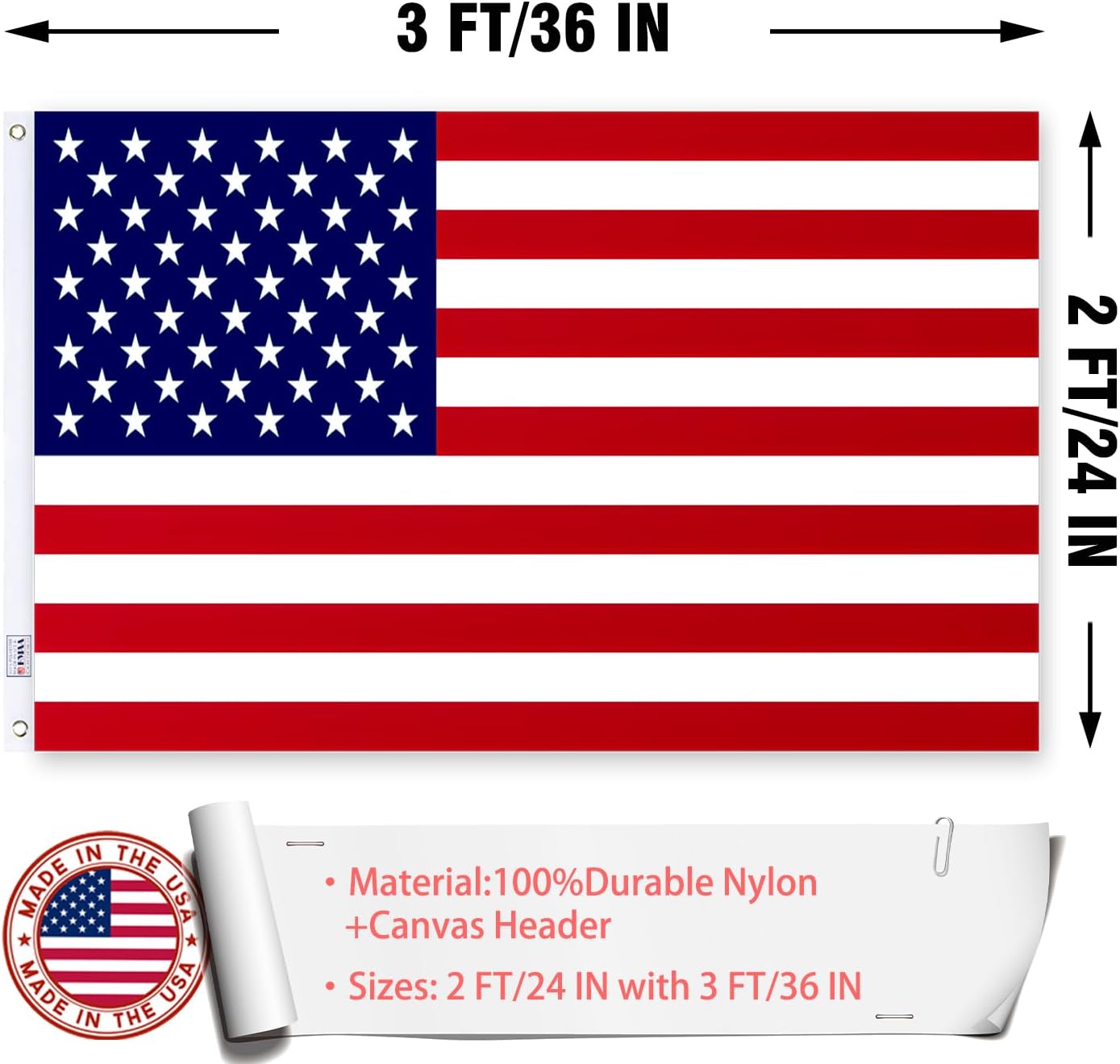 Embroideries American US Flag 2x3 Outdoor Made in USA - Double Sided Heavy Duty Vivid Color United States Flag Banners with 2 Brass Grommet