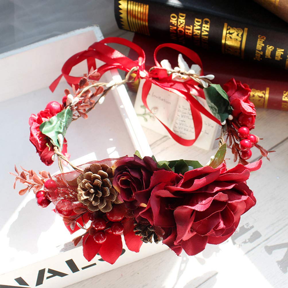 Lurrose Flower Hairband Floral Hair Garland Flower Crown with Berry Christmas Hair Accessories for Woman Girls - Image 2
