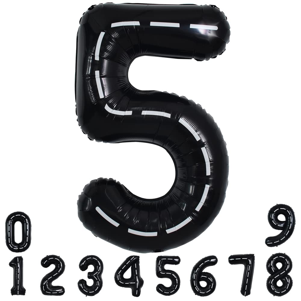TONIFUL Race Car Black Balloons Car Birthday Party Supplies,40 Inch Giant Jumbo Helium Foil Mylar Big Number 5 Digital 5 Balloons for Boy's Birthday