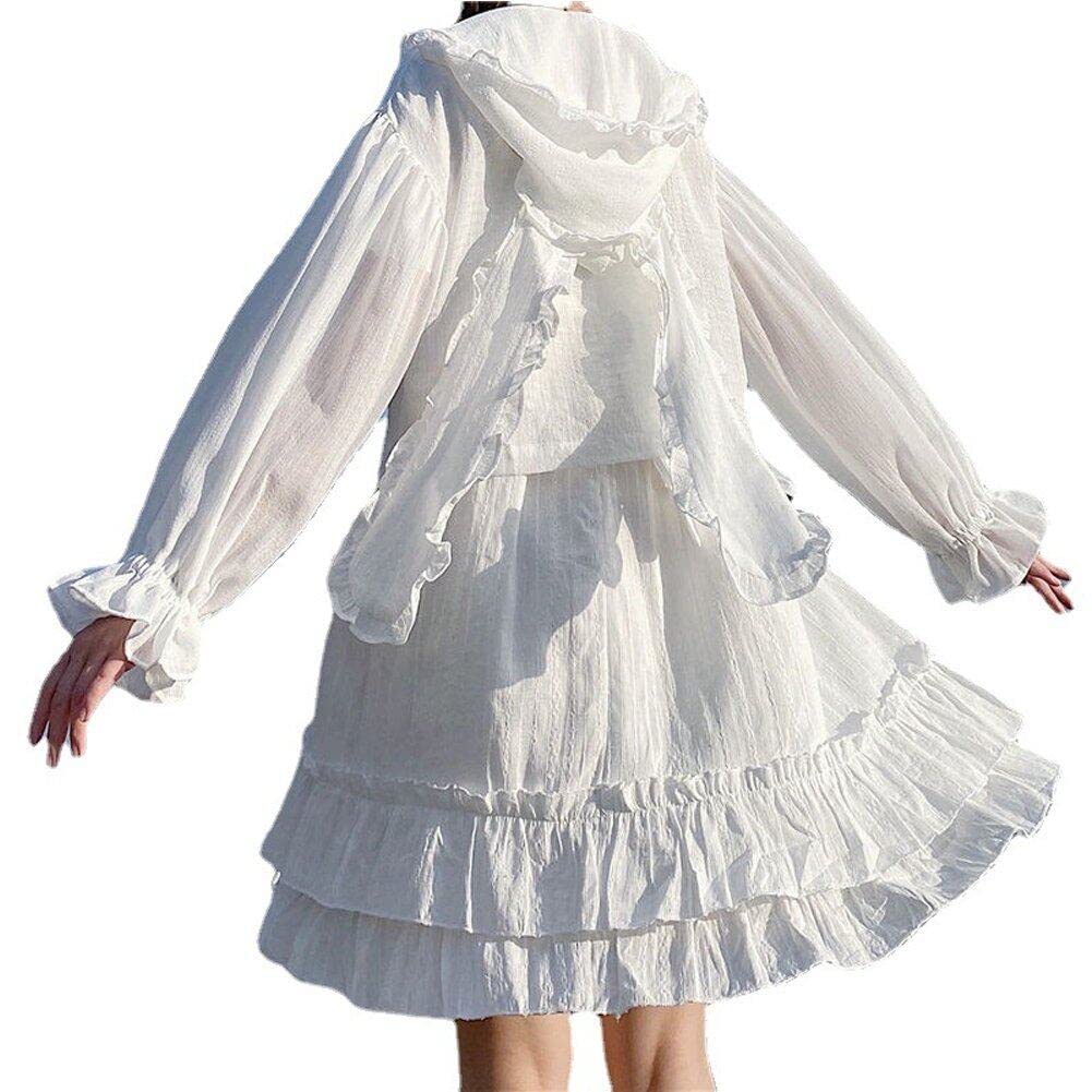 Danlai Women's White Kawaii Bunny Ear Hoodies For Sweet Lovely Rabbit Japanese Lace Sunscreen Lolita Cosplay Coats