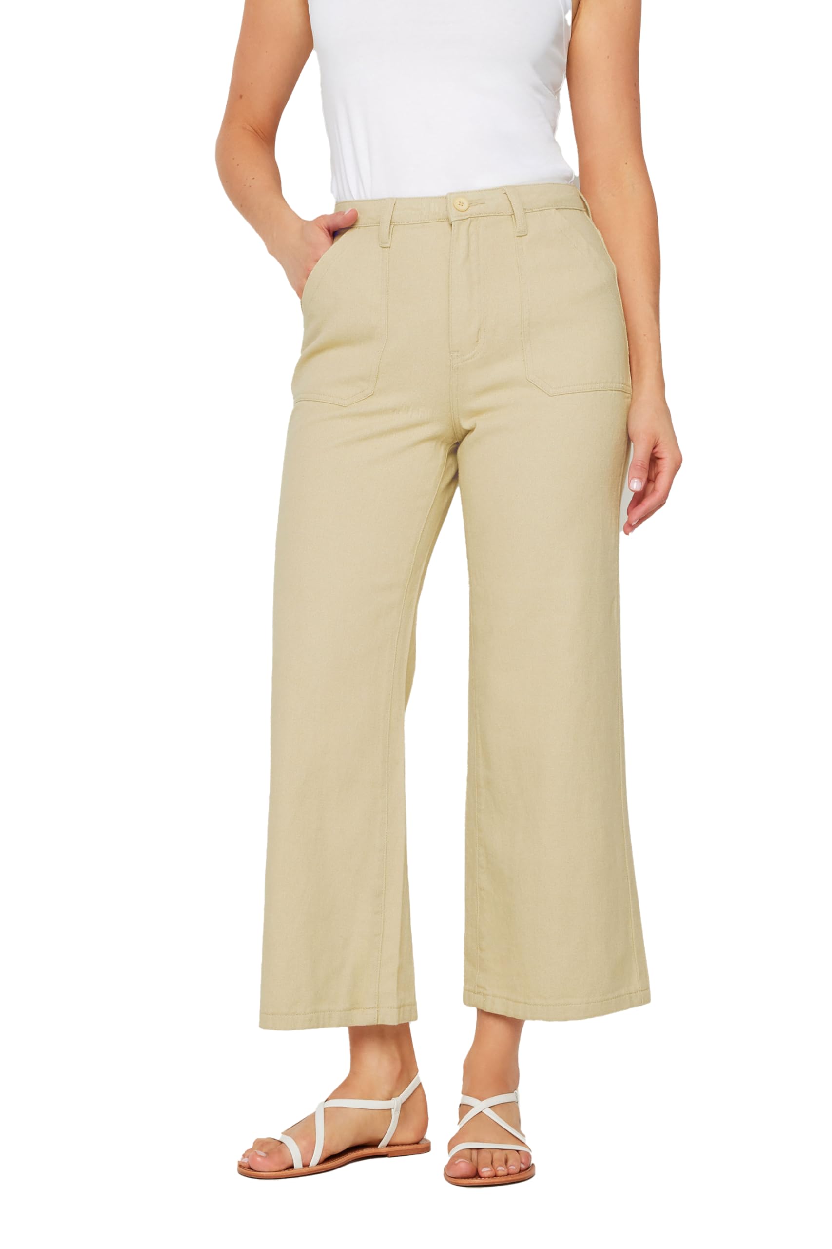 Long Tall Sally - LTS Tall Cream Cotton Twill Wide Leg Cropped Trousers - Women's