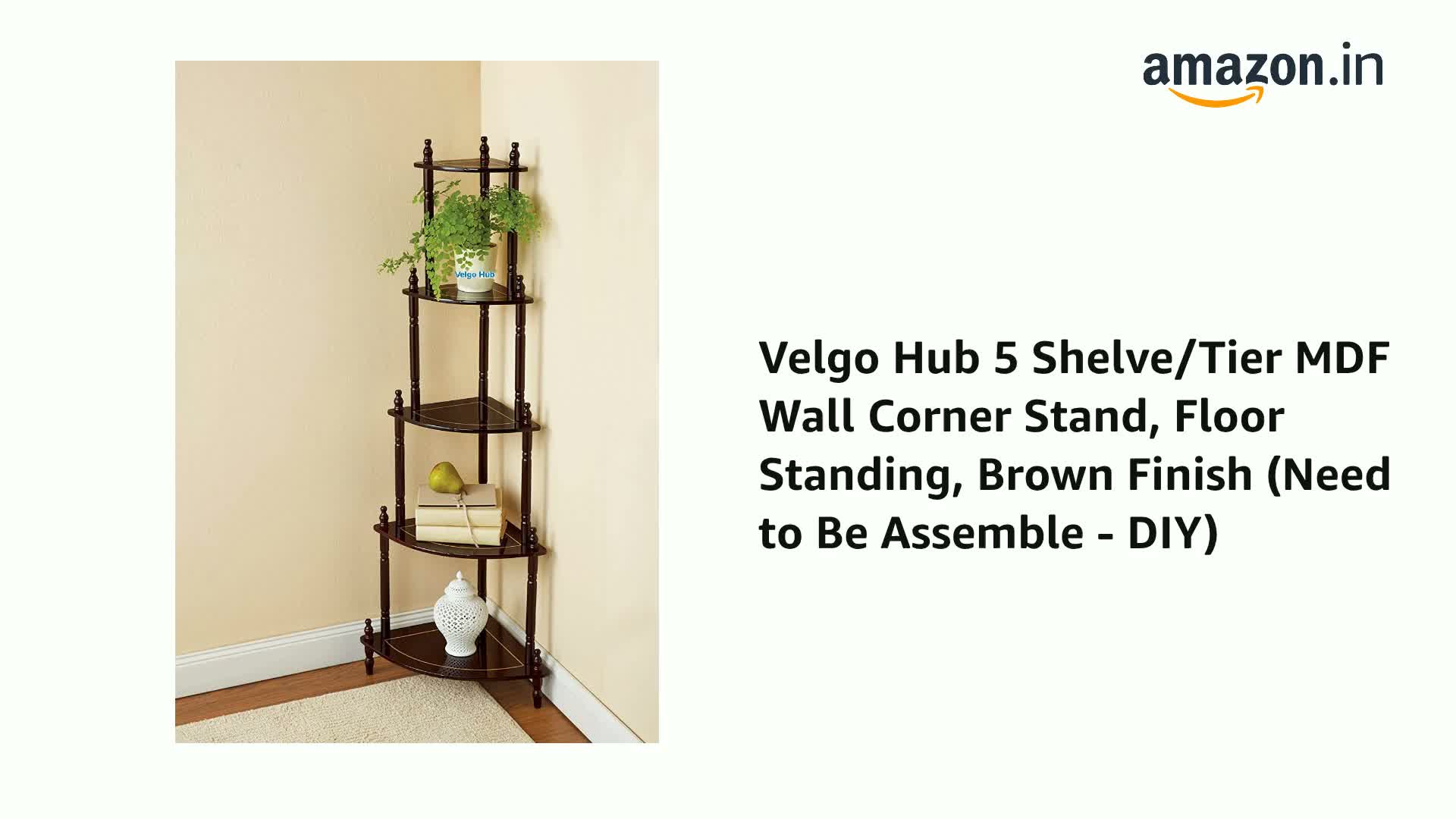 Velgo Hub 5 Shelve/Tier MDF Wall Corner Stand, Floor Standing
