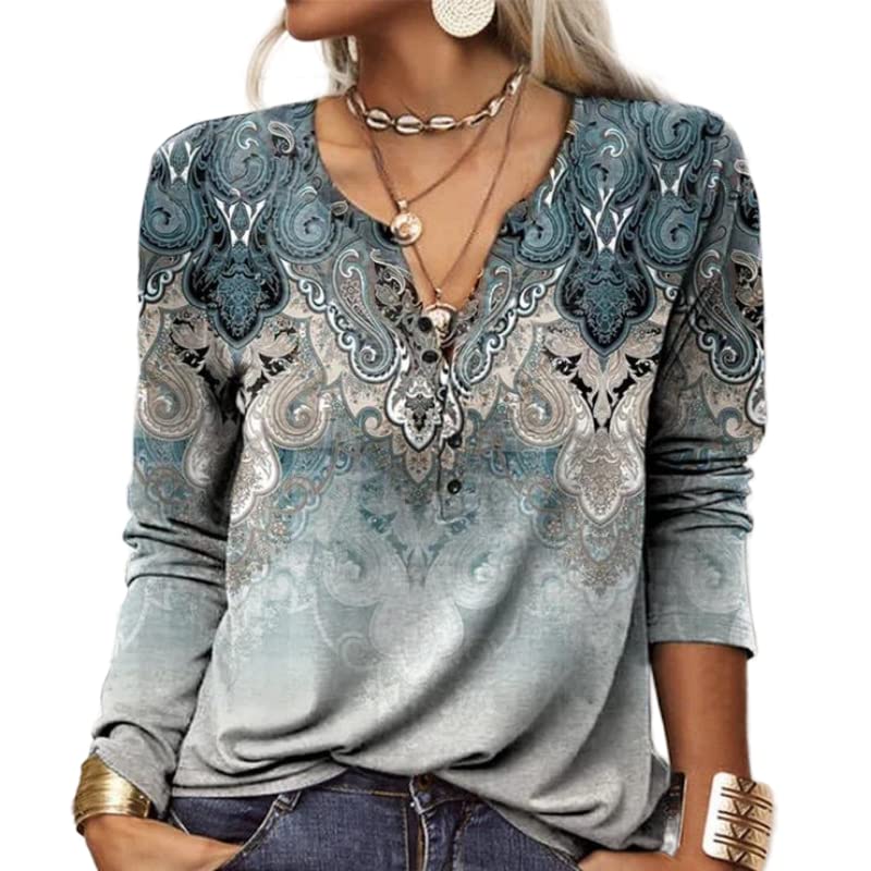 AkivideWomens Boho Floral Printed Long Sleeve Henley V Neck Button Front Casual Blouse Vintage Ethnic Shirts Plus Size
