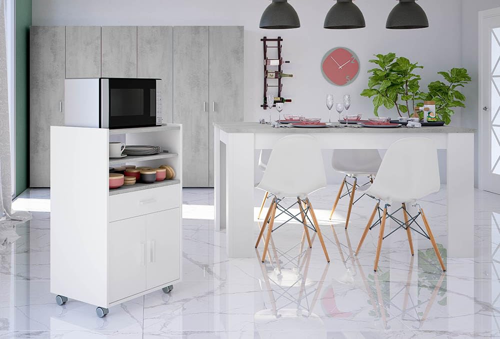 Habitdesign - Mueble Microondas con Ruedas, Carro Auxiliar de Cocina 2 Puertas 1 Cajón - Armario Compacto para Almacenaje - Blanco Artik y Cemento - 59x92x40 cm (AnchoxAltoxFondo) - Modelo Tidy