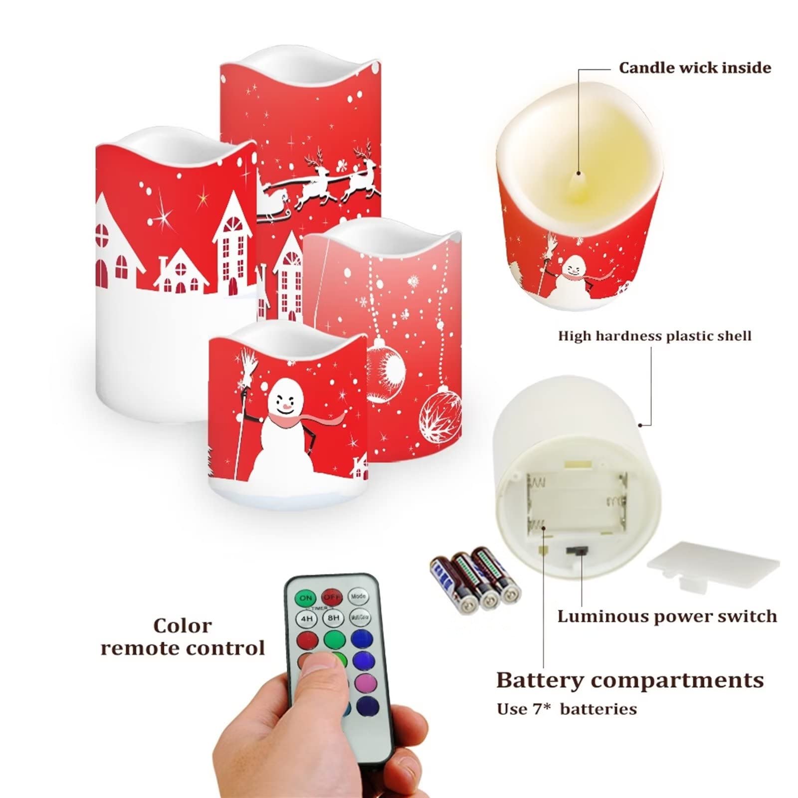 DISNIMO Velas de pilar LED de Navidad, velas sin llama, velas parpadeantes, funciona con pilas, control remoto de 18 teclas y temporizador para decoración de bodas, fiestas y vacaciones, juego de 4