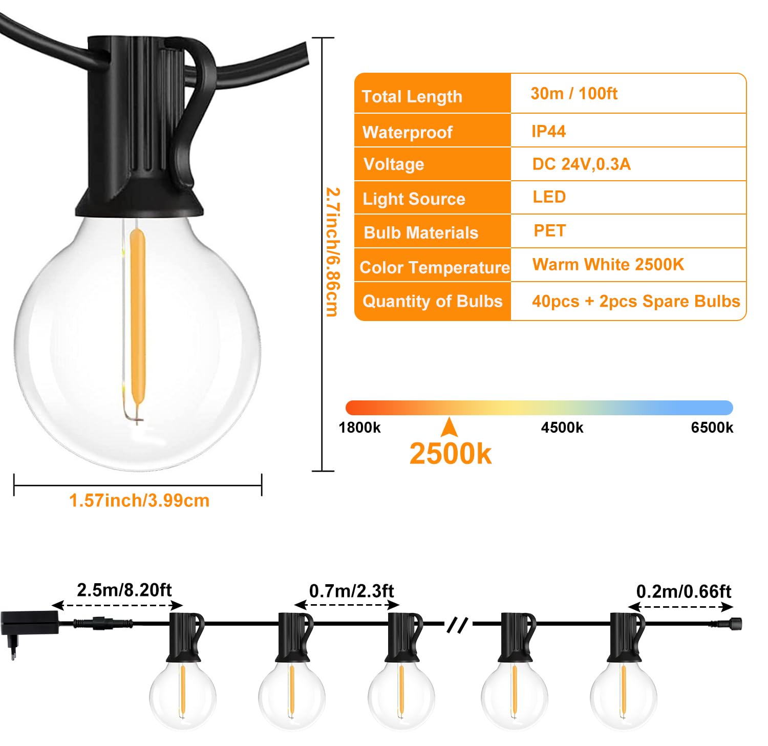 Catena Luminosa Esterno con Telecomando - 30M / 100FT Dimmerabile Luci da Esterno con 40+2 G40 LED Lampadine Impermeabile, 4 Modalità e Temporizzazione Funzione per Giardino Festa Matrimonio Cortile