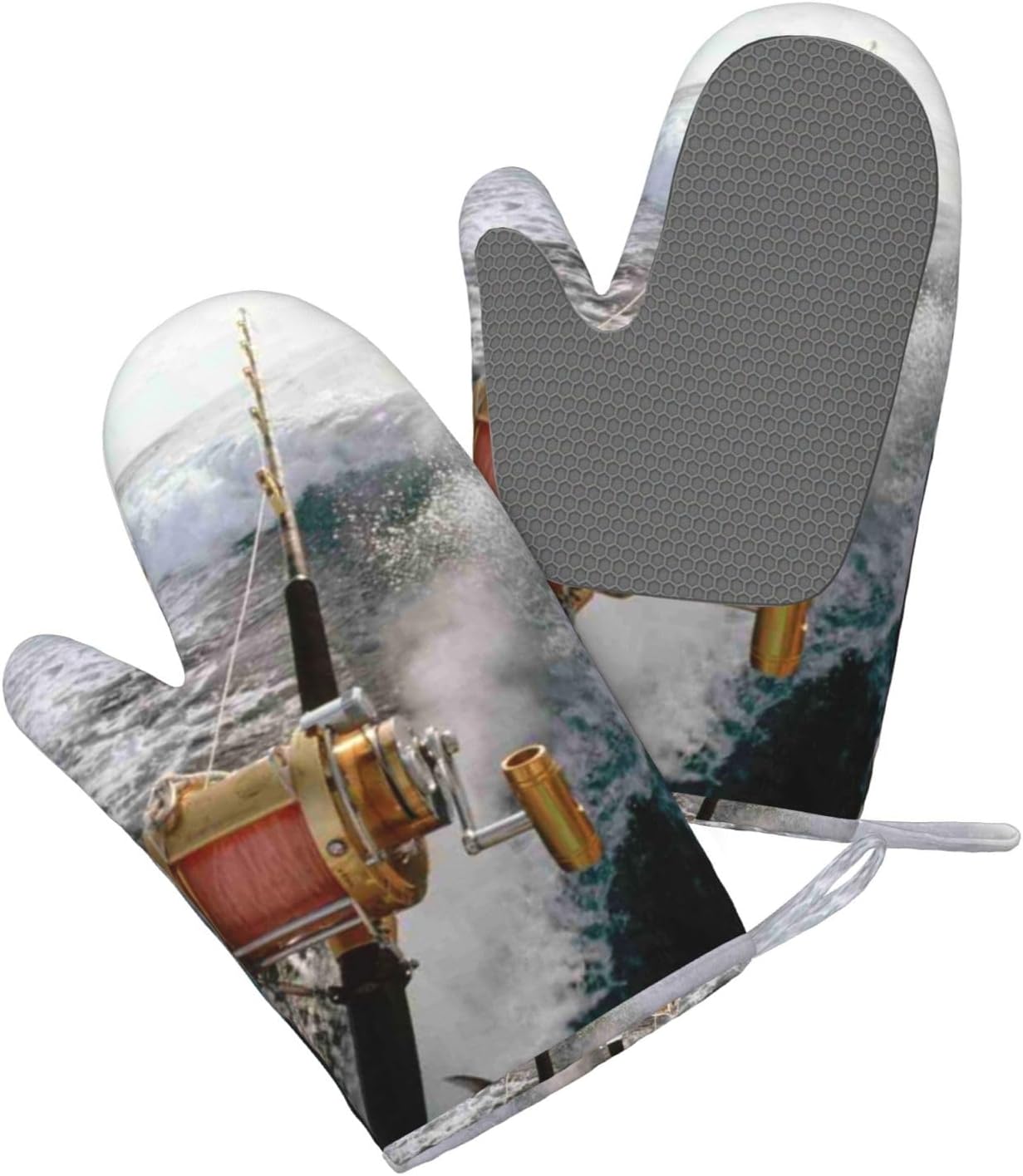 Fishing Rod Oven Mitts and Pot Holders Set of 4 Heat Resistant Kitchen Gloves with Silicone Palm Hot Pads for Baking Cooking Grilling BBQ