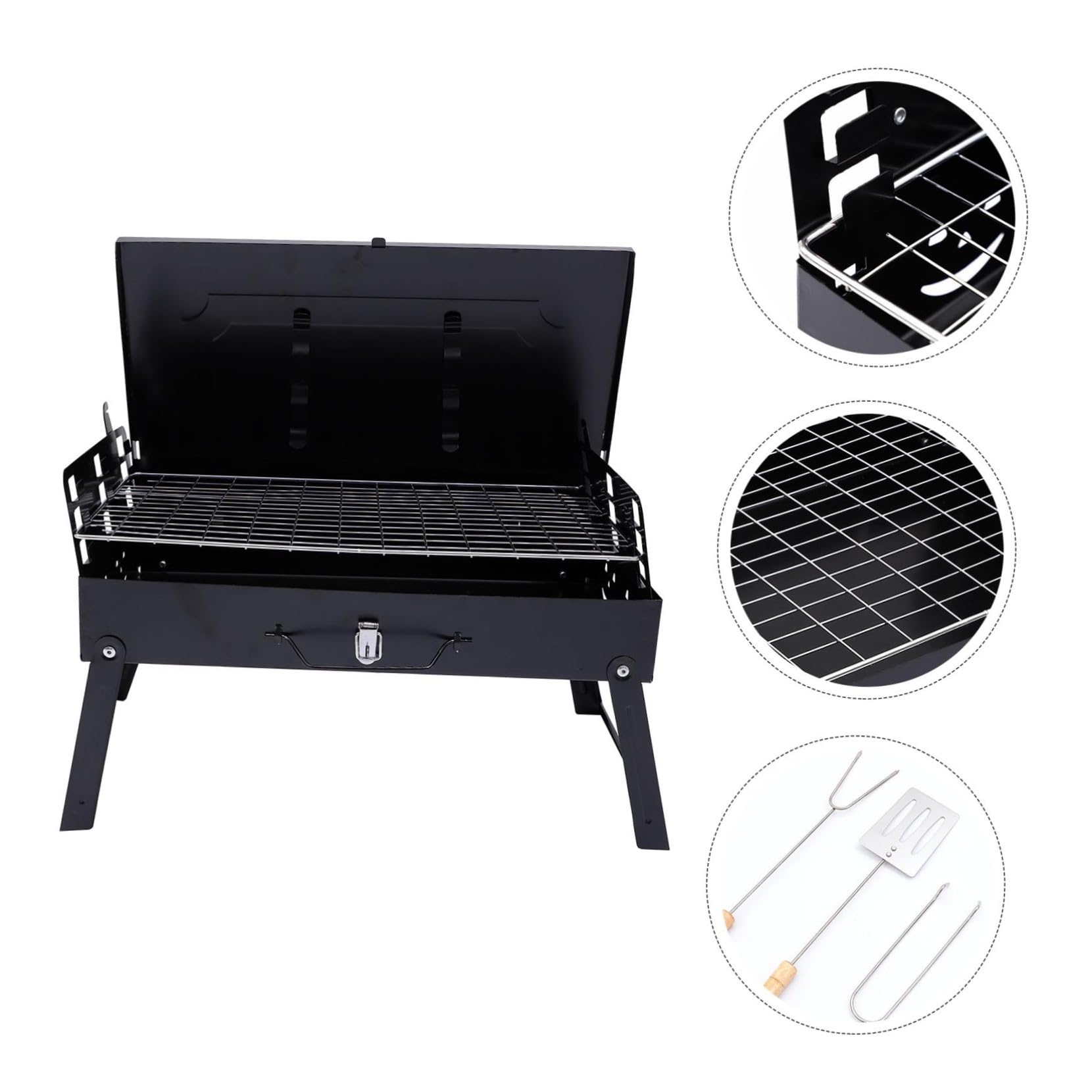 Parrilla de Barbacoa Portátil Plegable de Hierro Negro | Ventilación en Ambos Extremos, Distribución Uniforme del Calor, Uso en Jardín y Bbq