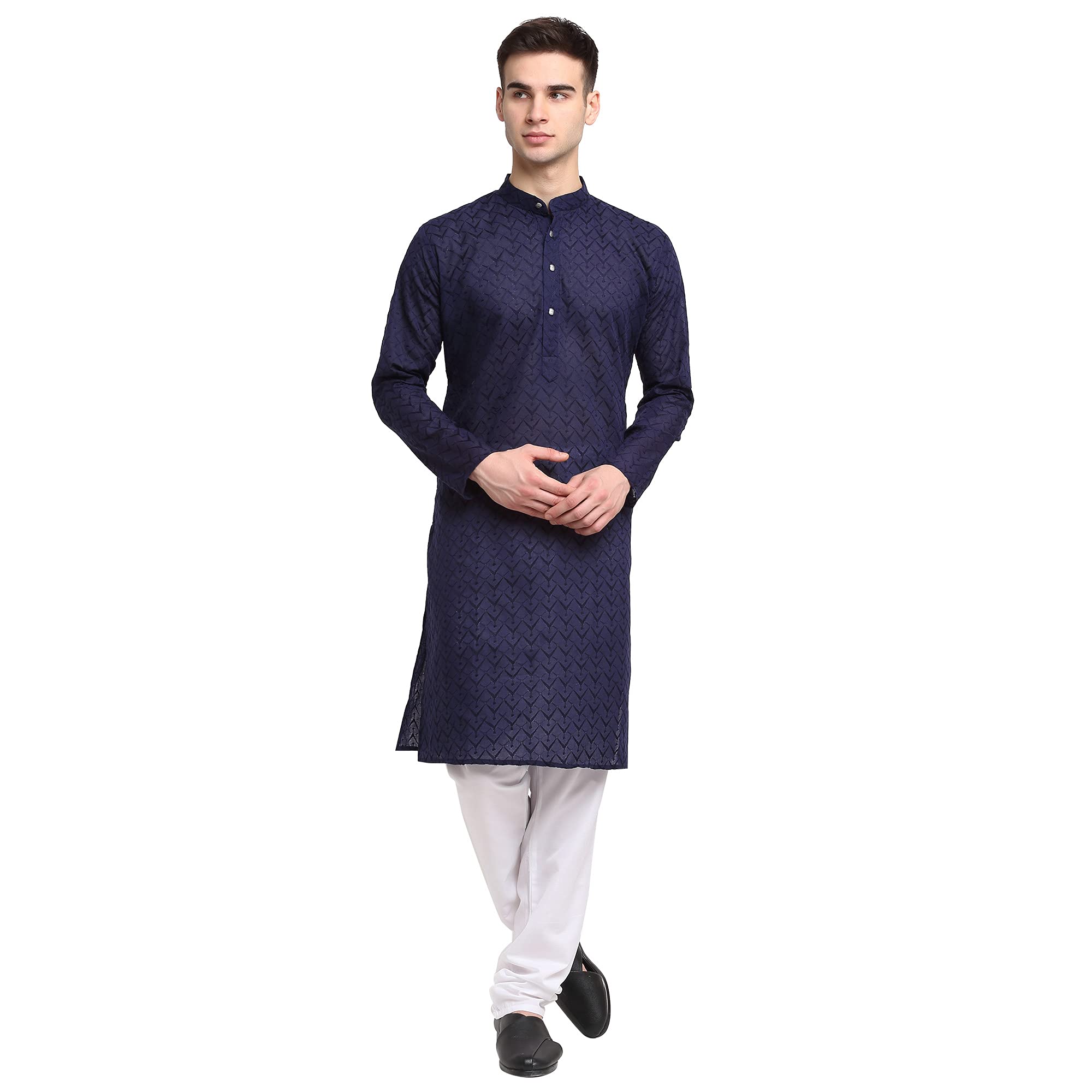 Jompers Men Navy Blue & White Self Design Kurta With Pyjamas (Navy, Xl)