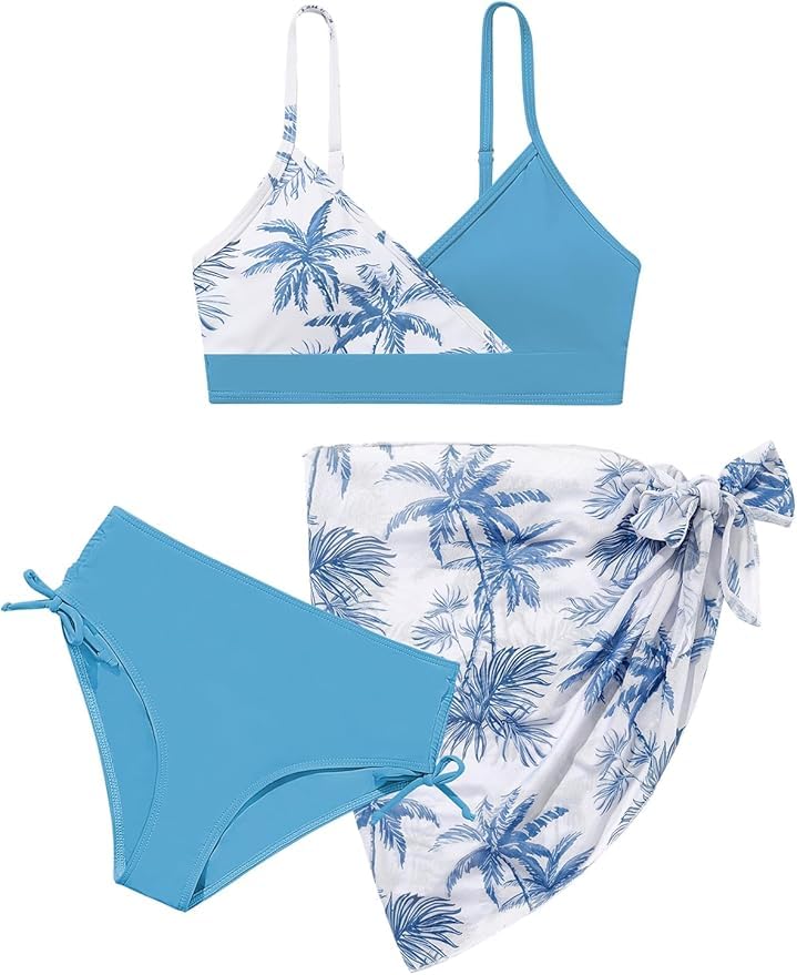 Image of Girls Swimsuit V Neck Bikini Set Color Block with Cover Up Skirt 3 Piece Bathing Suits Tween Swimwear 9-16 Years