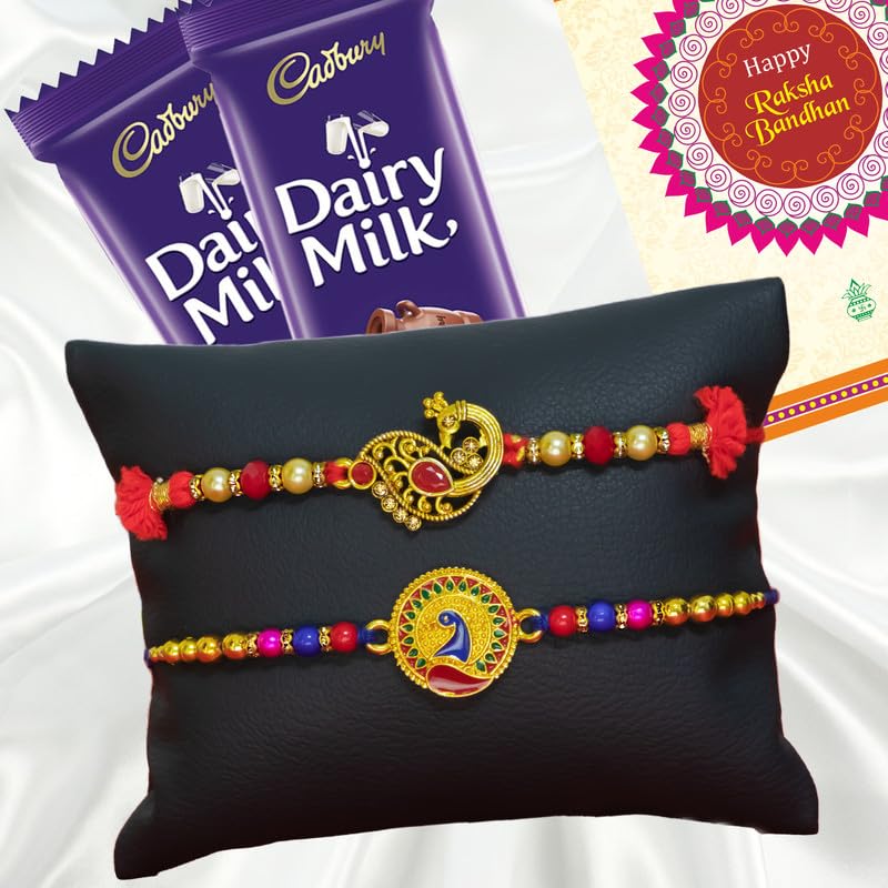 Image of Canton Rakhii Gift for Brother with Chocolate - Designer Rakhi for Brother with Cadbury Gift Hamper Pack, Roli Kumkum & Greeting Card (Design-12, 2 Rakhi + Cadbury)