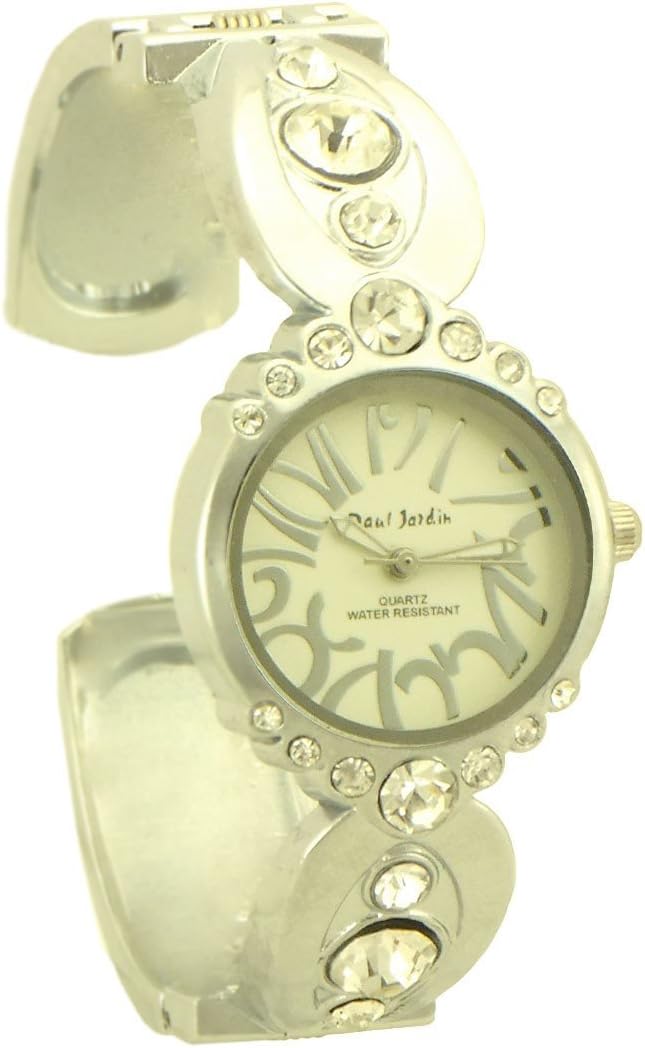 Paul Jardin Women's Rhinestone Adjustable Cuff Watch silver tone and off white dial - 4