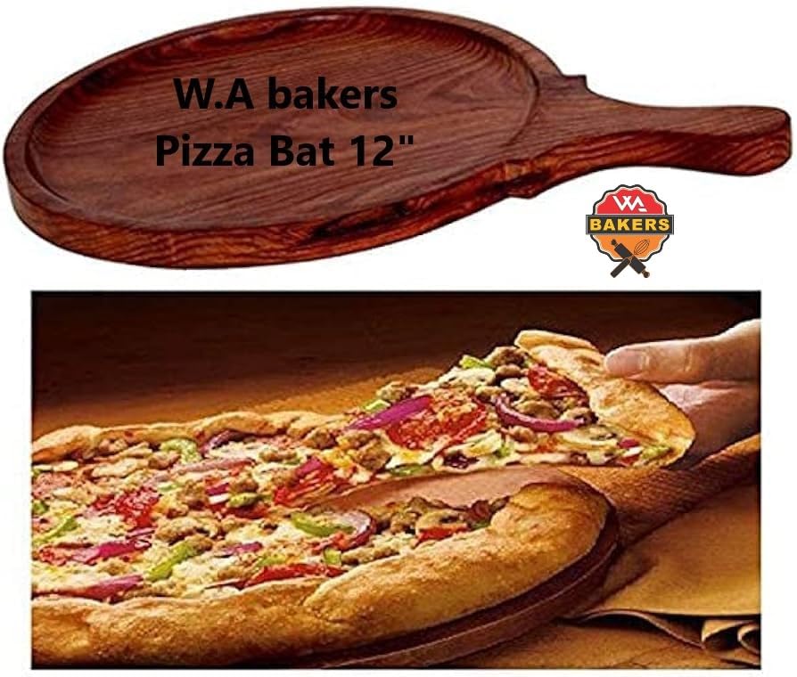 Image of W.A Bakers Wooden Round Pizza Bat with Handle /Bat /Board (Brown) Large (12 inch)