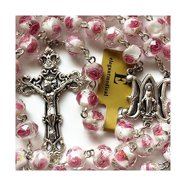 elegantmedical Handmade ROSE PINK Veluriyam ROSE BEADS ROSARY & ITALY CROSS MEDAL Catholic necklace GIFT BOX
