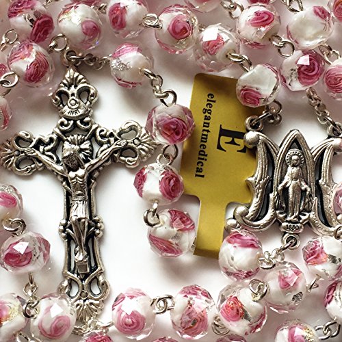 elegantmedical Handmade ROSE PINK Veluriyam ROSE BEADS ROSARY & ITALY CROSS MEDAL Catholic necklace GIFT BOX3