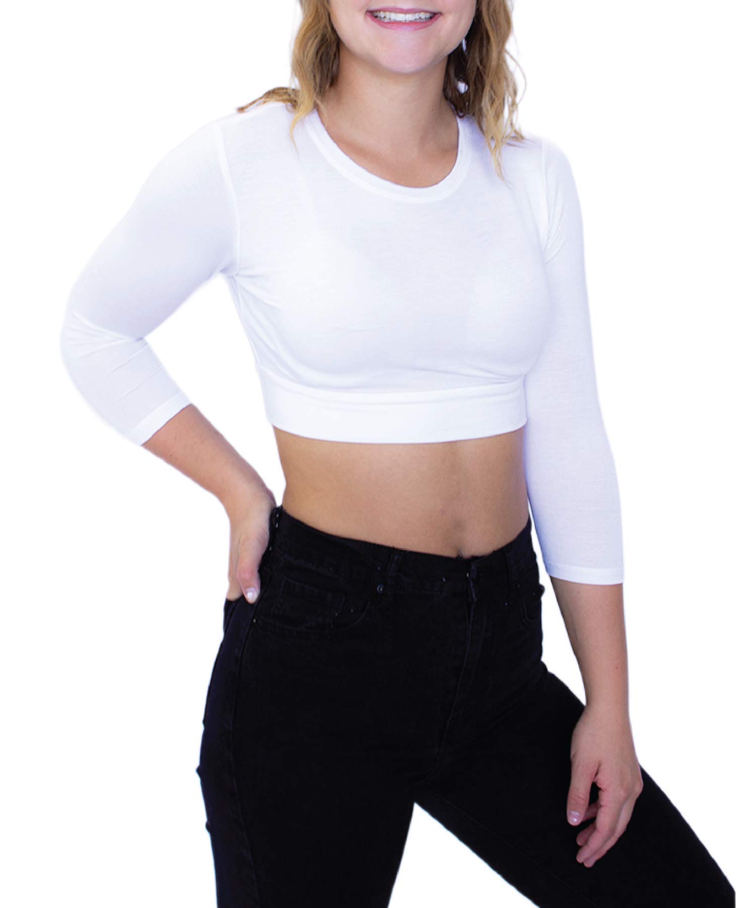 Crew Neck 3/4 Sleeve Layering Tee | Soft Stretch Breathable Crop Top for Women & Teens | XS-6X | HALFTEE