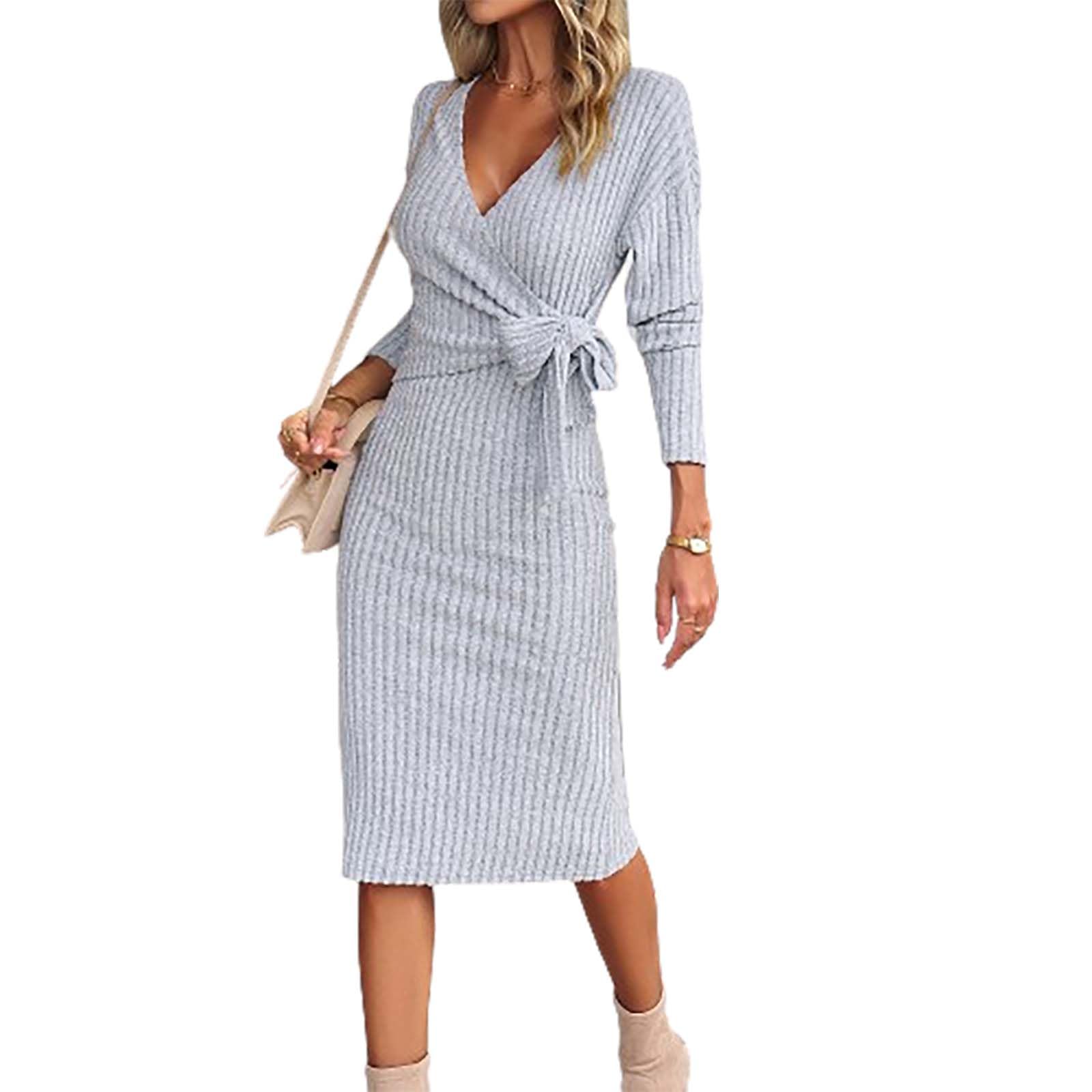 PTKG Women's Knitted Dress, Figure-Hugging Dress with Slit, Sweater midi Dress, Jumper Dress, Knitted Dress with Slit, Casual Dress, Sexy Winter Dress,Light Gray,S